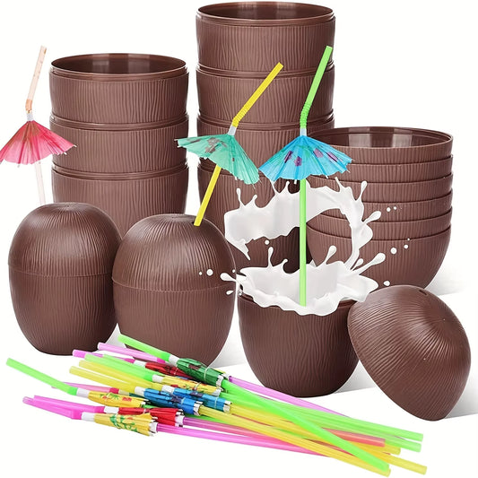 10Pcs, Coconut Cups with Umbrella Straws, Great for Summer Beach Party, Birthday, Tiki Bar, Hawaii Theme Party